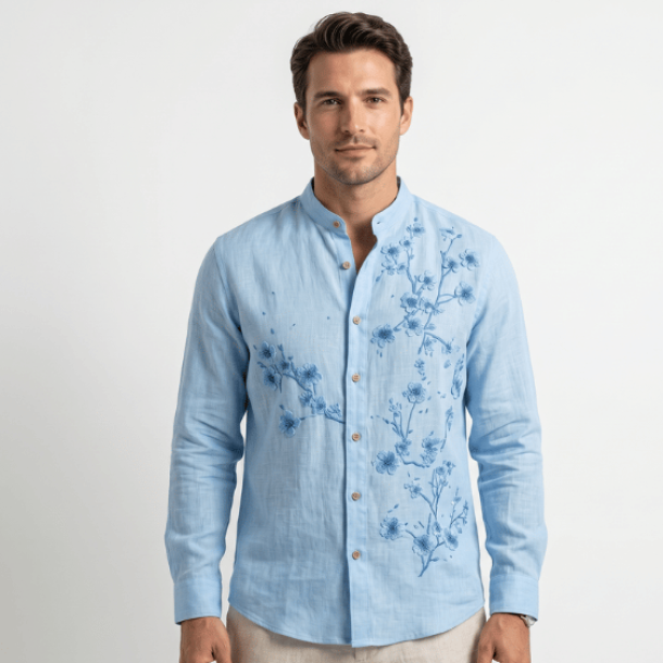 Powder Blue Embroidered Mandarin Shirt