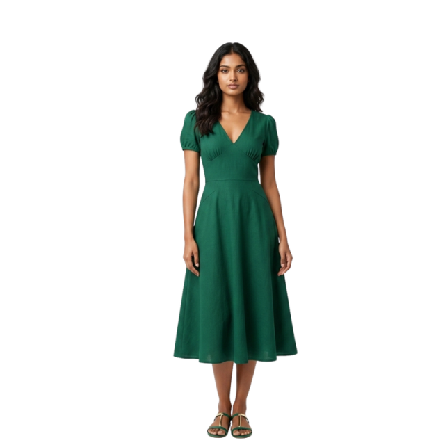 Emerald Green V-Neck Puff Sleeve Midi Dress