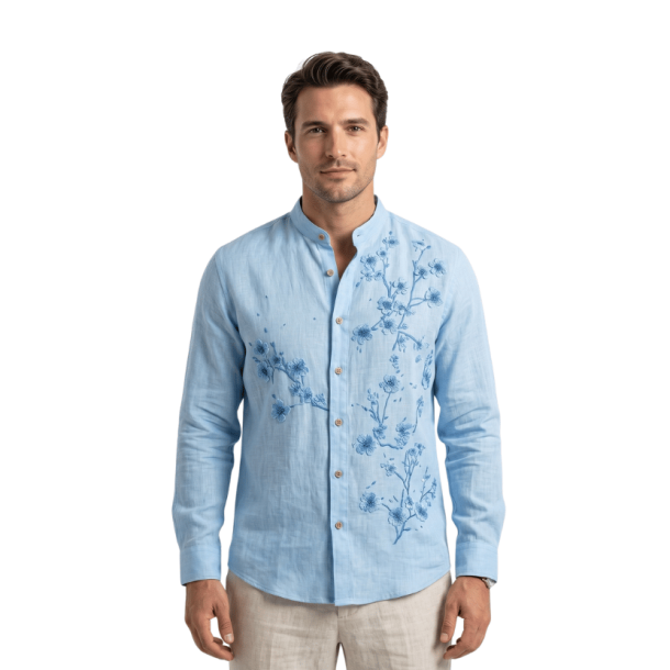 Powder Blue Embroidered Mandarin Shirt